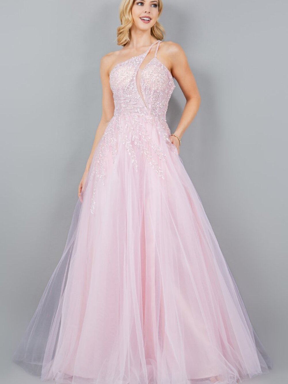 NEW PINK Tulle & Sequin Spaghetti Strap Evening Gown With Slit 8118J